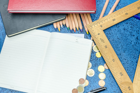 School education background with blank exercise book with copy space.