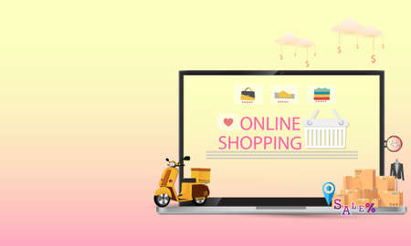 Online shopping,concept desktop, with credit cards and on blue backgrounds ,のイラスト素材