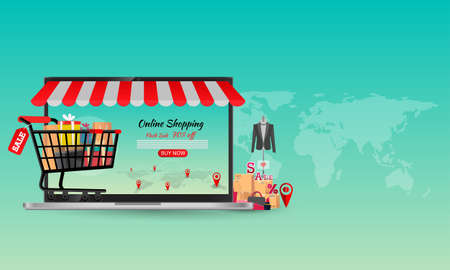 Online shopping,concept desktop, with credit cards and on blue backgrounds ,のイラスト素材