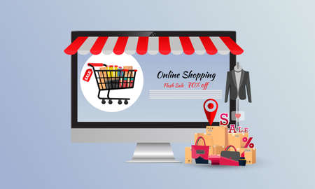 Online shopping,concept desktop, with credit cards and on blue backgrounds ,のイラスト素材
