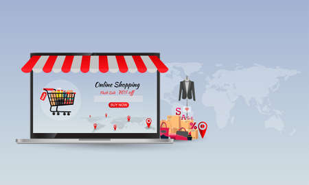 Online shopping,concept desktop, with credit cards and on blue backgrounds ,のイラスト素材