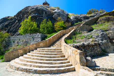 Stone staircase against the blue skyの写真素材