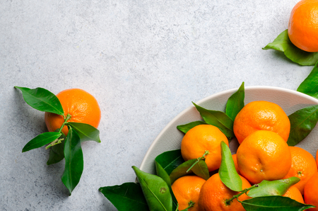 Fresh clementines on a gray plate on a light stone background. Top view, copy space, horizontal imageの写真素材
