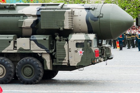 Topol-M -  intercontinental ballistic missiles. Dress rehearsal of Military Parade on 65th anniversary of Victory in Great Patriotic War on May 6, 2010 on Red Square in Moscow, Russiaのeditorial素材
