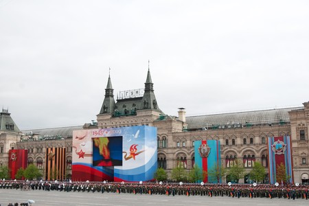 MOSCOW - 6 May 2010: Dress rehearsal of Military Parade on 65th anniversary of Victory in Great Patriotic War on May 6, 2010 on Red Square in Moscow, Russiaのeditorial素材