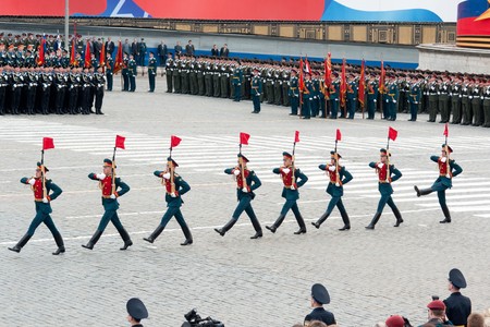 MOSCOW - 6 May 2010: Dress rehearsal of Military Parade on 65th anniversary of Victory in Great Patriotic War on May 6, 2010 on Red Square in Moscow, Russiaのeditorial素材