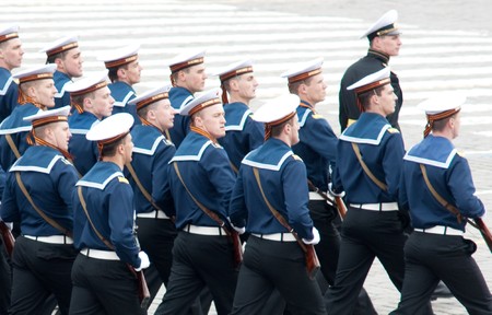 MOSCOW - 6 May 2010: Dress rehearsal of Military Parade on 65th anniversary of Victory in Great Patriotic War on May 6, 2010 on Red Square in Moscow, Russiaのeditorial素材