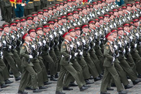 MOSCOW - 6 May 2010: Dress rehearsal of Military Parade on 65th anniversary of Victory in Great Patriotic War on May 6, 2010 on Red Square in Moscow, Russiaのeditorial素材