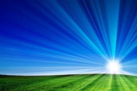 beautiful landscape, green grass, blue skyの写真素材