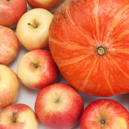 orange pumpkin with apples, backgroundの写真素材