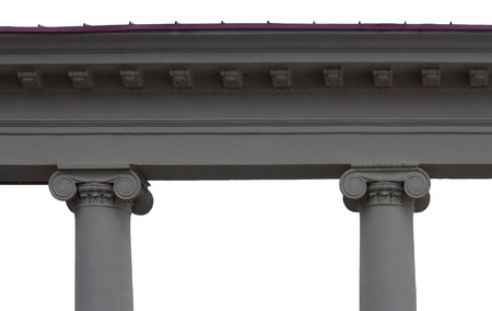 Architrave with two column capitals ionic isolated on white backgroundの写真素材