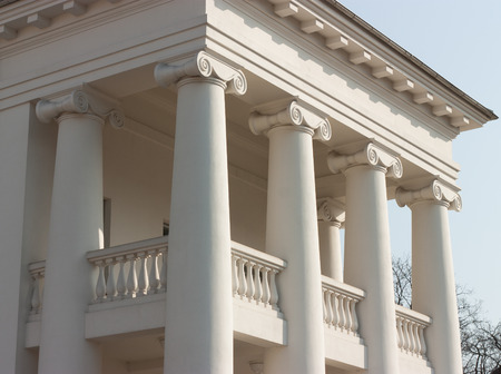 Closeup of four columns ionic white portico with balconyの写真素材
