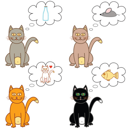 four different coloured cats with their thouhts in a bubbleのイラスト素材