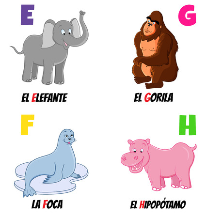 spanish alphabet with different animals: elephant, gorilla, seal and hippoのイラスト素材