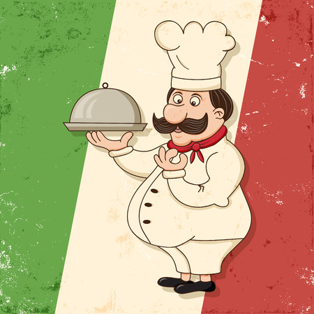 image of funny italian chef character with grunge backgroundのイラスト素材