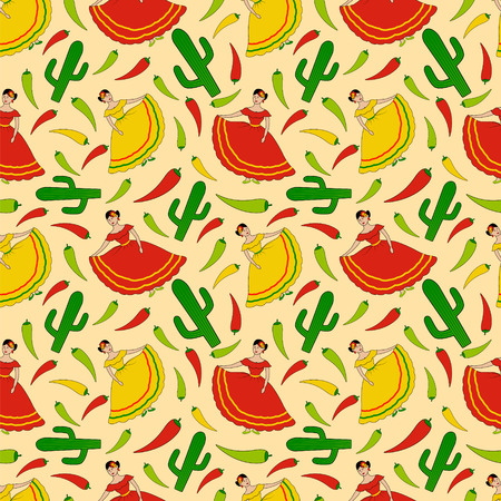 funny vector seamless pattern with happy dancing mexican women, cactus and green, yellow and red chili peppersのイラスト素材