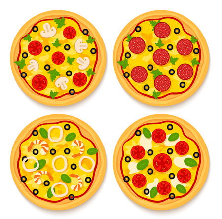 set of 4 differnet pizzas: vegetarian, pepperoni, sea fruit and margherita on isolated backgroundのイラスト素材