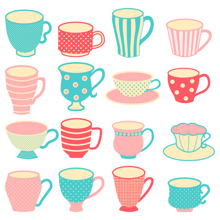 lovely vector hand drawn set of 16 cute cups and mugs in tender colorsのイラスト素材