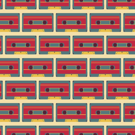 vector seamless pattern with retro cassetes on yellow backgroundのイラスト素材