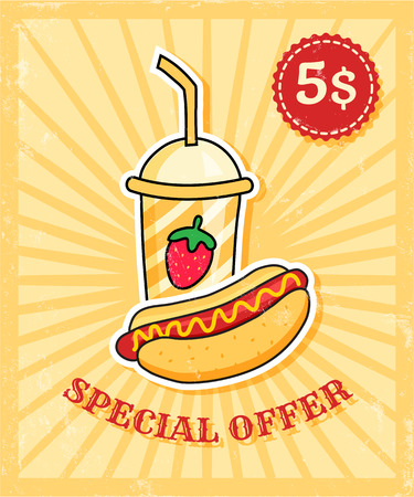vector banner in retro style with hot dog and strawberry milkshakeのイラスト素材