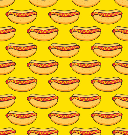 vector seamless pattern of funny cartoonish hotdogs on yellow backgroundのイラスト素材