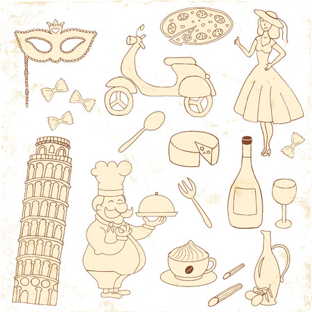 vector set of icons related to italy: pisa tower, girl, chef, italisn food, mask and wineのイラスト素材