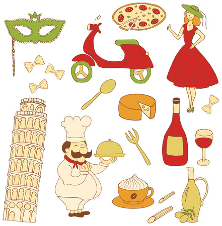 set of vector icons inspired with Ialy - Pisa tower, retro girl, motorbike, pizza, italian chef, mask, pasta, etc.のイラスト素材