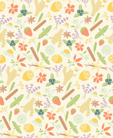 vector seamless pattern with images of herbal ingredients: ginger, lemon, mint, cinnamon, jasmine, chamomile, hibiscus, linden, lavender, vanilla bean, star anise, strawberry, blueberryのイラスト素材