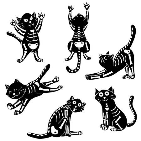 set of cats wearing Halloween costumes of skeletonのイラスト素材