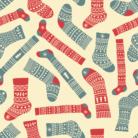 seamless pattern with cute patterned Christmas socksのイラスト素材
