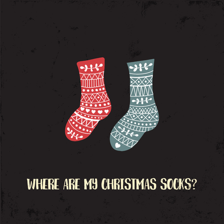 illustration of a socks pair on a black background and funny textのイラスト素材