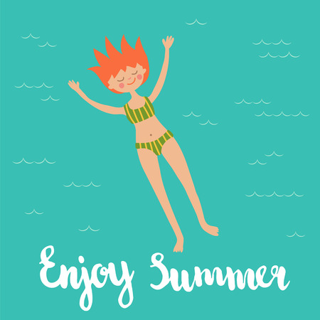 vector illustration of a cute red haired girl swimming in the sea, hand lettering text Enjoy summerのイラスト素材