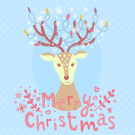 vector illustration of a cute reideer in Christmas style, hand lettering Merry Christmas textのイラスト素材