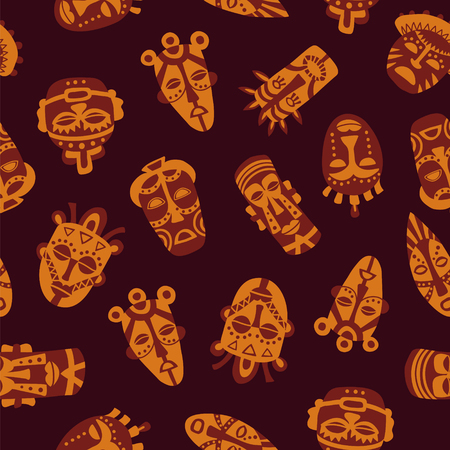 vector seamless pattern with traditional tribal msks on dark backgroundのイラスト素材