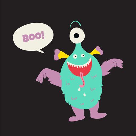 vector illustration of cute green monster and Boo text in a bubbleのイラスト素材