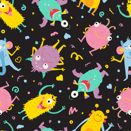 vector seamless pattern with cute bright monsters on dark backgroundのイラスト素材