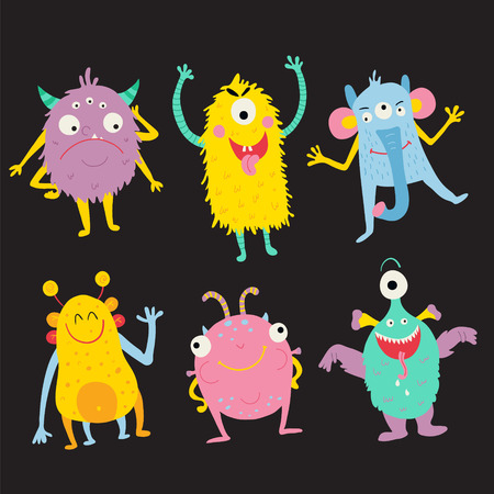 vector set of bright and cute monsters on dark backgroundのイラスト素材
