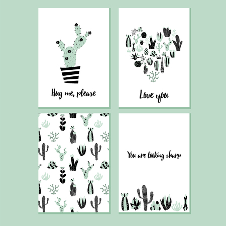 vector set of card templates with illustrations of cacti and textのイラスト素材