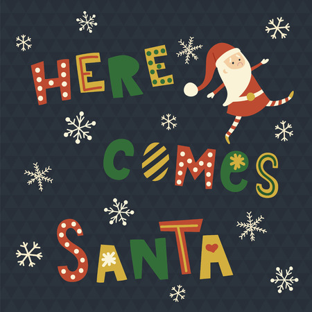 Illustration of a bright Christmas card with hand lettering text and Santa characterのイラスト素材