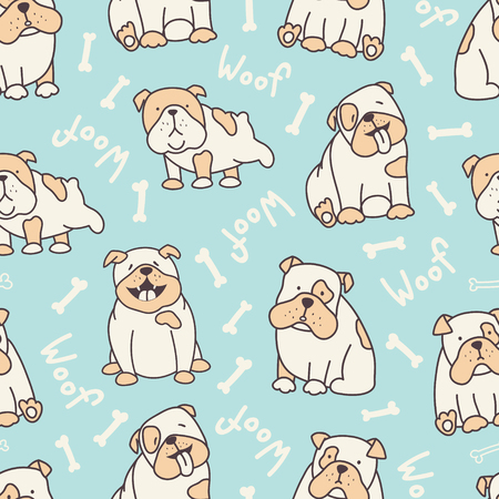 vector seamless pattern with cute english bulldogs on light blue backgroundのイラスト素材