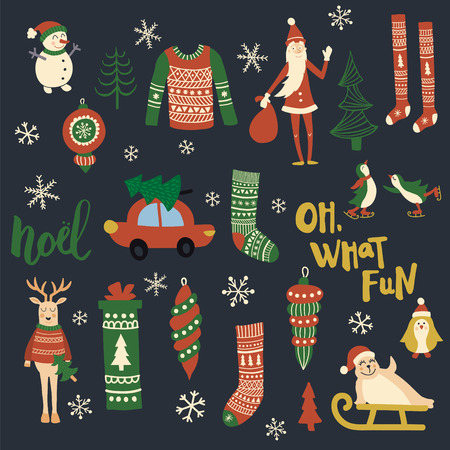 vector set of Christmas related objects and characters on dark blue backgroundのイラスト素材