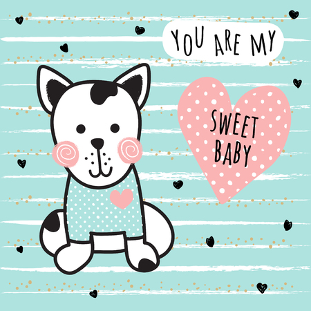 A vector card template with a cute dog and pink heartのイラスト素材