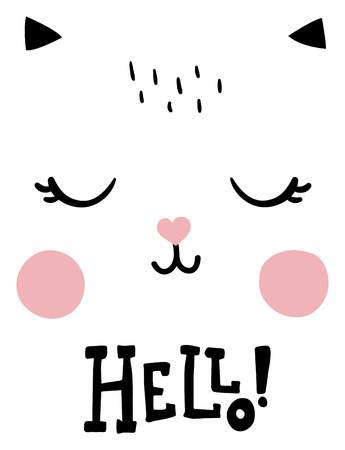 vector poster, nursety illustration, cute cat face, hand lettering hello textのイラスト素材