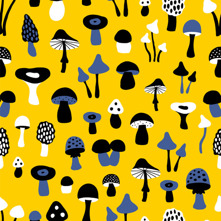 vector seamless pattern with images of mushrooms, bold color paletteのイラスト素材