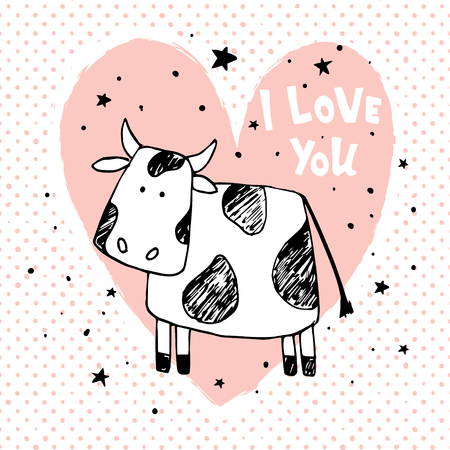 vector illustration, hand drawn cow illustration, pink heart, hand lettering i love you textのイラスト素材