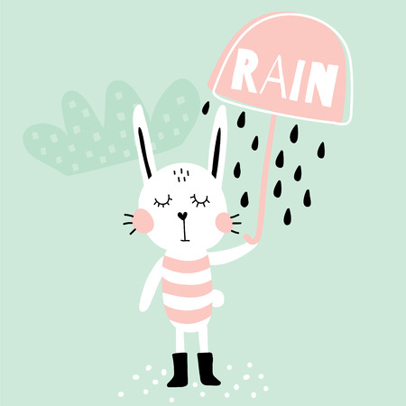 vector illustration of an adorable bunny, holding umbrella, blue backgroundのイラスト素材