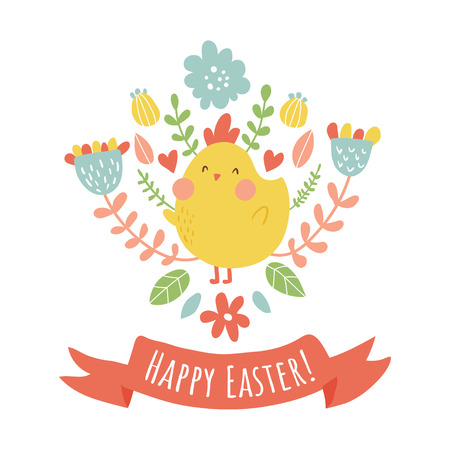vector illustration, cute chicken, floral background, happy easter textのイラスト素材