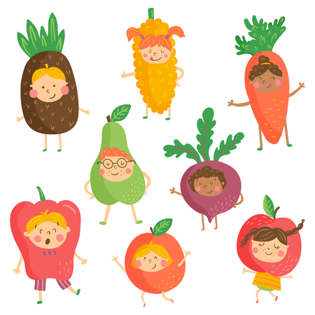 Set of cute characters, funny children wearing fruit and vegetable costumes vector.のイラスト素材