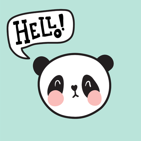 vector illustration, adorable panda face and hello hand lettering textのイラスト素材