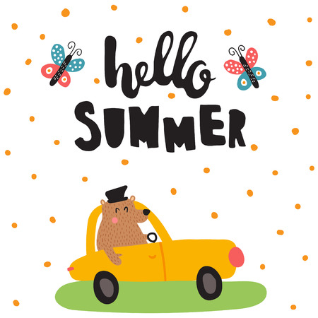 vector illustration, a funny bear riding a carのイラスト素材